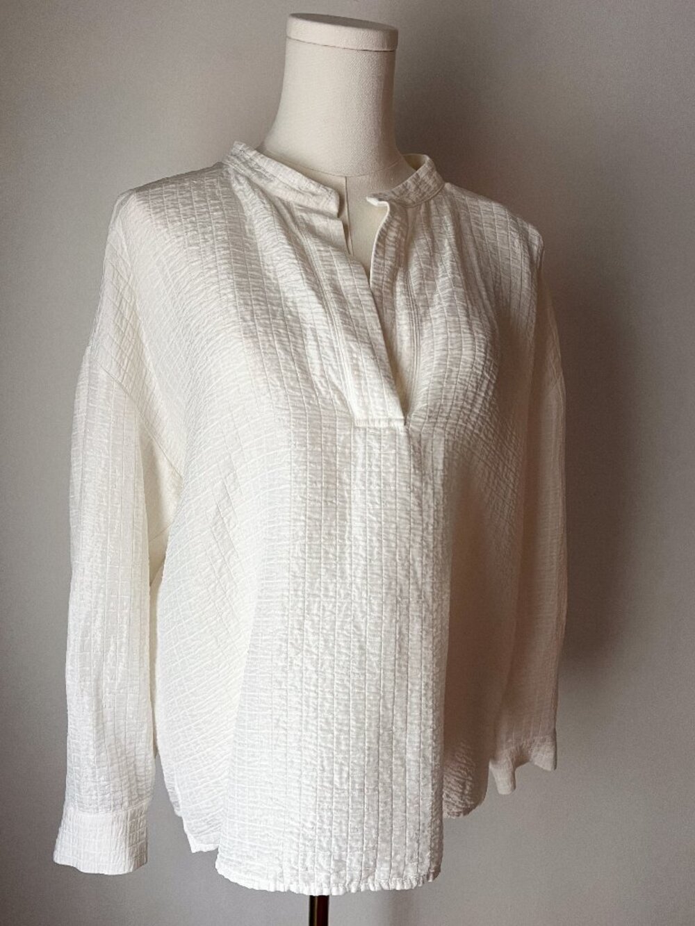 Eileen Fisher Silk Linen Blouse L White Textured Band Collar Quiet Luxury